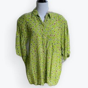Quirky Cluttercore Whimsical Boho Floral Colorful Circles Lime Green Blouse ~1X